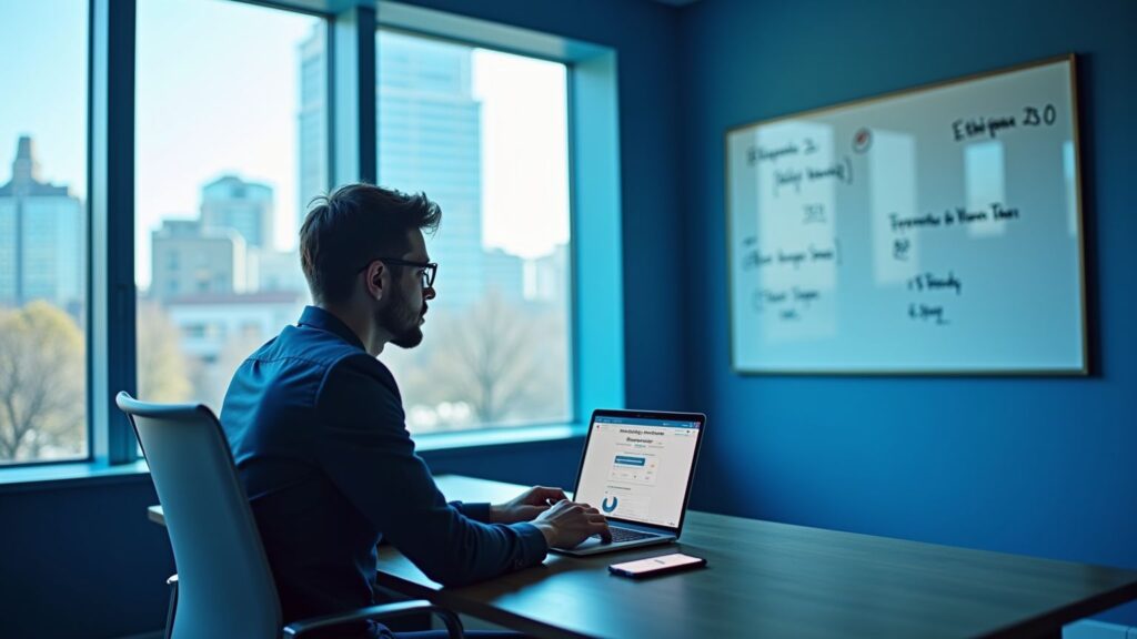 Fotorealistisches Bild eines modernen Büros mit blauem Farbschema. Eine Person sitzt an einem Schreibtisch und arbeitet an einem Laptop, auf dessen Bildschirm eine Affiliate-Marketing-Plattform mit ethischen Richtlinien zu sehen ist. Neben dem Laptop liegt ein Smartphone mit einer Tracking-App. Im Hintergrund sind große Fenster mit Stadtblick und ein Whiteboard mit Notizen zu ‘Ethik im Affiliate Marketing’, ‘Fairness’ und ‘Transparenz’ zu sehen.