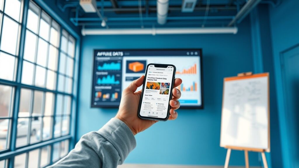 Fotorealistisches Bild eines modernen Büros mit blauem Farbschema. Eine Person betrachtet auf einem Smartphone eine mobile Affiliate-Marketing-Webseite. Im Hintergrund zeigt ein großer Bildschirm Datenvisualisierungen zu mobilen Nutzern und Conversion-Raten. Blaues Tageslicht fällt durch große Fenster und unterstreicht die technologieorientierte Atmosphäre. Ein Whiteboard mit Skizzen zu responsiven Designs und mobilen Layouts verdeutlicht den Mobile-First-Ansatz im Affiliate Marketing.