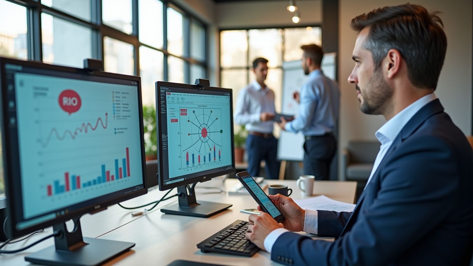räsentiert vor einem geschwungenen Multi-Screen-Setup, auf dem ein leuchtendes Netzwerk aus Publishern und Advertisern visualisiert wird. Die Bildschirme zeigen verschiedene Affiliate-Dashboards mit Echtzeit-Conversion-Tracking, Provisionsmodellen und Publisher-Rankings. Holografische Projektionen von Tracking-Cookies, Attribution-Modellen und Customer-Journey-Pfaden schweben im Raum. Auf einem zentralen Tisch liegt ein transparentes Tablet, das einen Produktfeed und verschiedene Werbeformate anzeigt. Im Hintergrund arbeiten Spezialisten an der Optimierung von Affiliate-Links, Deeplinks und Gutscheincodes. Digitale Anzeigen mit verschiedenen Affiliate-Werbemitteln – von Content-Widgets bis hin zu Produktvergleichen – sind an einer Glaswand projiziert. Die Szene strahlt technologische Raffinesse, strategische Kontrolle und die messbare Effizienz des Performance Marketings aus.