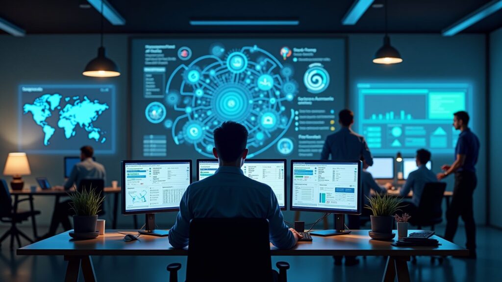 Futuristisches Marketingbüro, das die Verschmelzung von Affiliate Marketing und KI zeigt. Eine Marketingexpertin interagiert mit einem holografischen KI-Assistenten, der Echtzeit-Daten und Prognosen für Affiliate-Kampagnen visualisiert. Umgeben von schwebenden, transparenten Bildschirmen, die verschiedene Aspekte des Affiliate Marketings darstellen: personalisierte Content-Vorschläge, dynamische Partnerempfehlungen und automatisierte Fraud-Detection-Systeme. Im Hintergrund arbeitet ein diverses Team an KI-gesteuerten Optimierungsstrategien für Affiliate-Programme. An den Wänden sind pulsierende Netzwerkvisualisierungen zu sehen, die die komplexen Verbindungen zwischen Publishern, Advertisern und Konsumenten in Echtzeit abbilden. Die Szene strahlt eine Mischung aus High-Tech-Innovation und menschlicher Kreativität aus, symbolisiert durch die harmonische Interaktion zwischen KI-Systemen und menschlichen Experten.