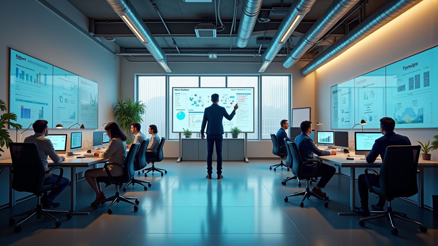 Modernes, offenes Büro von Daten.Partners mit verschiedenen Arbeitsstationen für SEO, E-Commerce, Digital Marketing, Datenanalyse und Content-Creation. Ein Teamleiter präsentiert Dienstleistungen auf einem interaktiven Touchscreen. Helle, professionelle Atmosphäre mit Glaswänden, großen Fenstern und motivierenden Zitaten. Jede Station zeigt spezifische Tools und Visualisierungen der jeweiligen Dienstleistung.