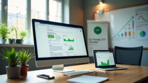Moderner Arbeitsplatz mit Fokus auf Green SEO und Google-Ranking. Großer Monitor zeigt Google-Suchergebnisse mit einer grün markierten Top-Platzierung. Laptop zeigt verbesserte SEO-Metriken. Smartphone mit steigenden grünen Ranking-Graphen. Schreibtisch mit Öko-Elementen wie Pflanzen und nachhaltiger SEO-Checkliste. Whiteboard im Hintergrund vergleicht SEO-Performance vor und nach grüner Optimierung.