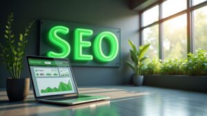 Ein minimalistisches Titelbild zum Thema Green SEO. Es zeigt einen Laptop mit Suchrankings, umgeben von grünen Blättern. Digitale Elemente in Blau und Weiß verschmelzen harmonisch mit Natursymbolen und visualisieren das Konzept nachhaltiger Suchmaschinenoptimierung in einem ausgewogenen, modernen Design.